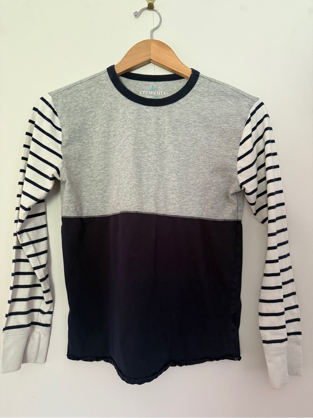Crewcuts Gray and Navy Colorblock Long Sleeve Tee with Striped Sleeves